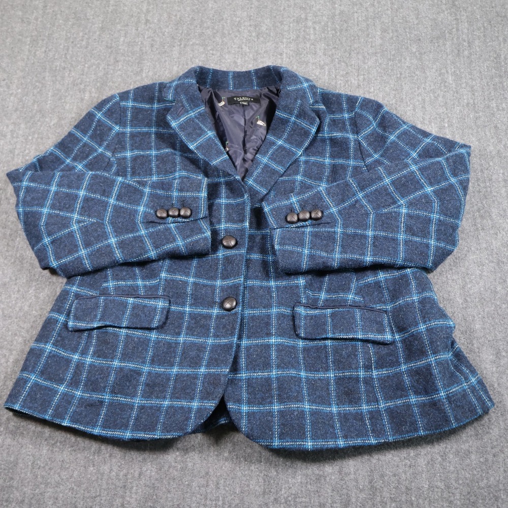 Talbots Womens 18WP Blue Windowpane Plaid Wool Blend Blazer Duck Lining Jacket